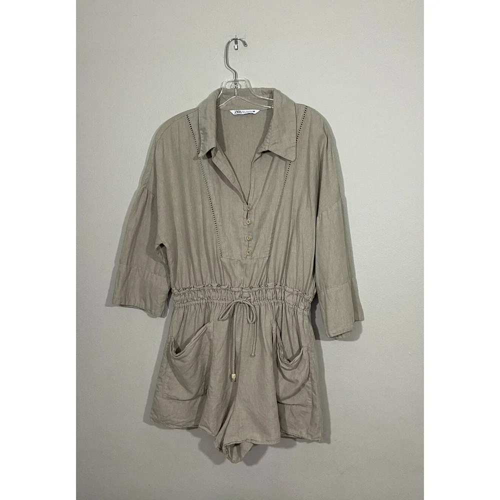 Zara Size Medium Beige Linen Romper Safari Beach Resort Playsuit Coastal‎